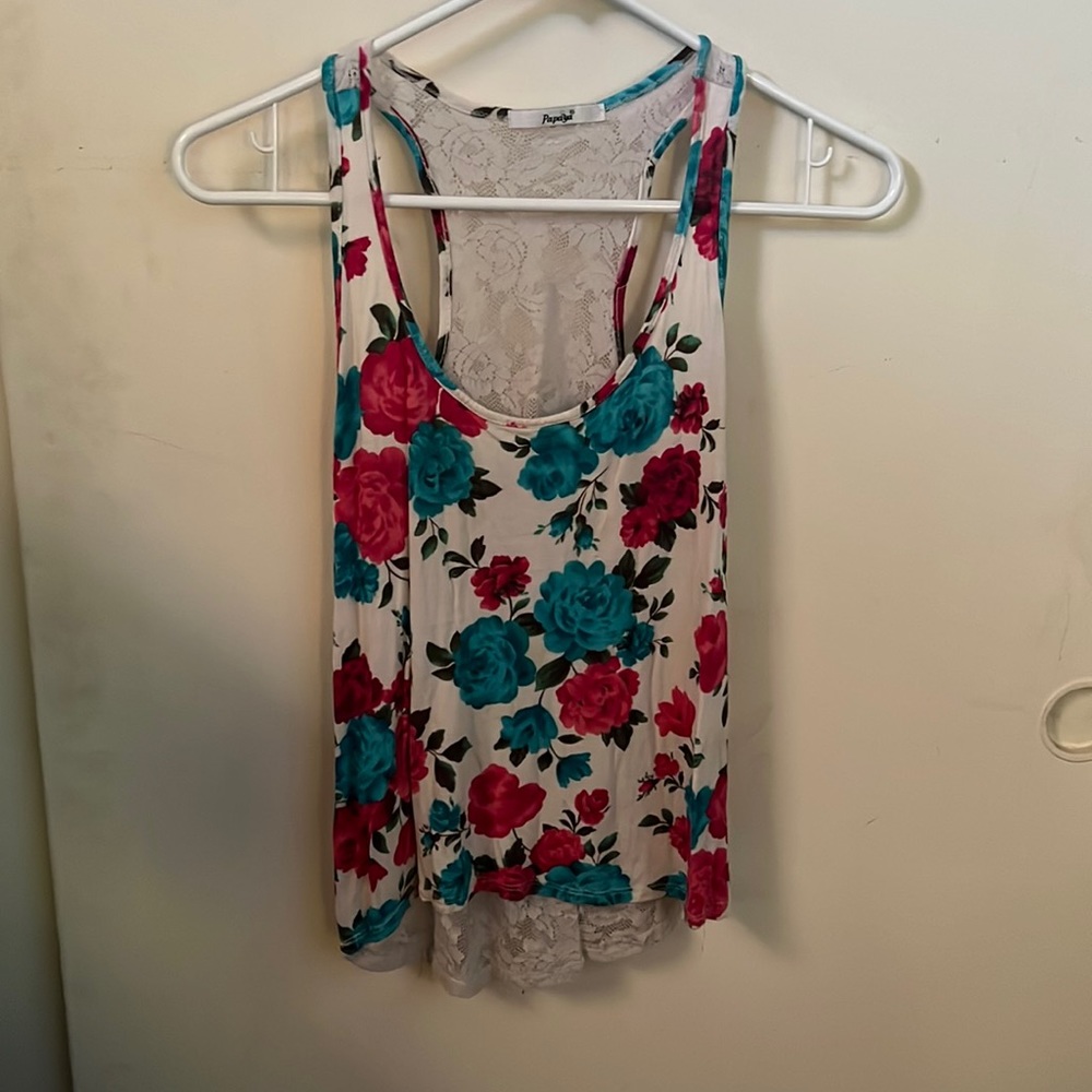 White lace w/ blue and pink/red flower tank top
